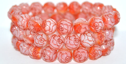 Round Rose Pressed Glass Beads, Transparent Orange Copper Lined Metalic (900402010-43806-METALIC), Glass, Czech Republic