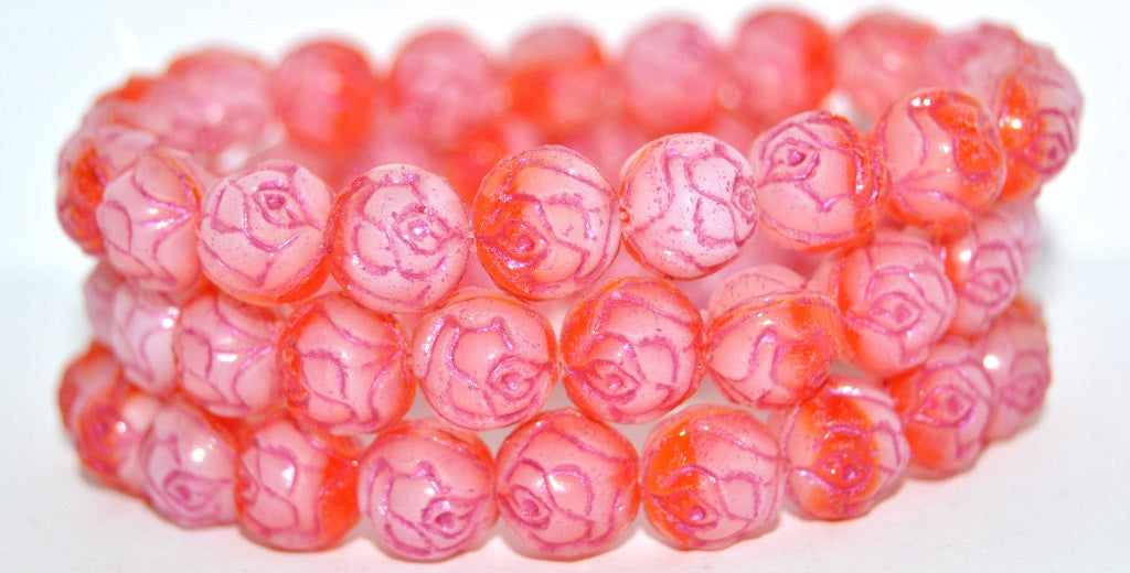 Round Rose Pressed Glass Beads, Transparent Orange Pink Lined Metalic (900402010-43807-METALIC), Glass, Czech Republic