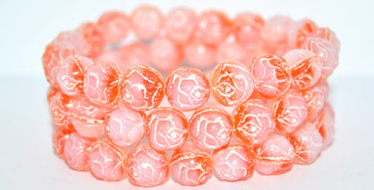 Round Rose Pressed Glass Beads, Transparent Orange 43801 Metalic (900402010-43801-METALIC), Glass, Czech Republic