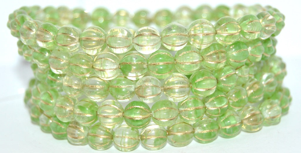 Melon Round Pressed Glass Beads With Stripes, 57008 Gold Lined (57008-54202), Glass, Czech Republic