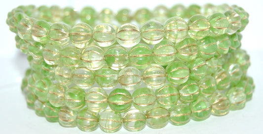 Melon Round Pressed Glass Beads With Stripes, 57008 Gold Lined (57008-54202), Glass, Czech Republic