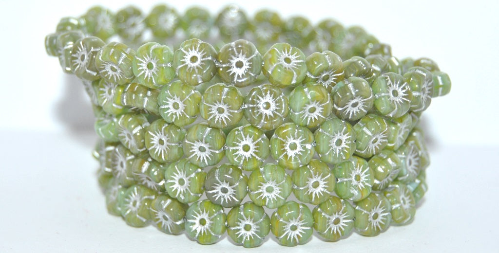 Hawaii Flower Pressed Glass Beads, Opal Green Silver Lined (51010201-54201), Glass, Czech Republic