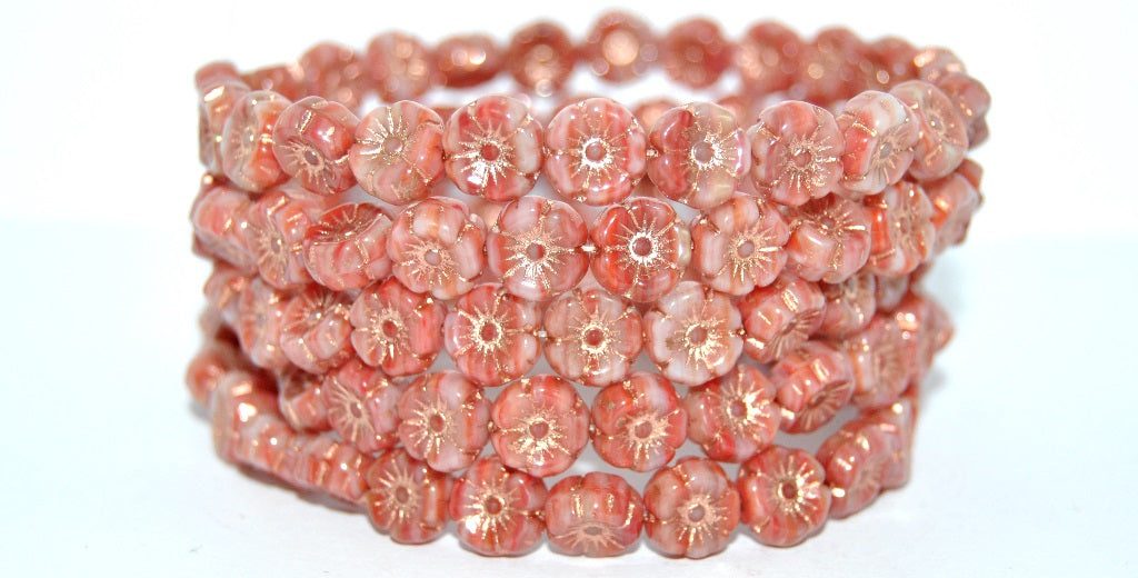 Hawaii Flower Pressed Glass Beads, Green Purple Copper Lined (95000-54200), Glass, Czech Republic