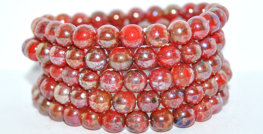 Round Pressed Glass Beads Druck, Mixed Colors Red Picasso (MIX-RED-43400), Glass, Czech Republic