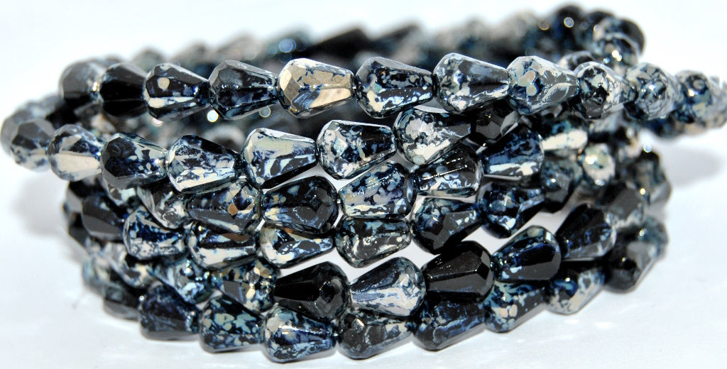 Cut Fire Polished Faceted Teardrop Pear Glass Beads, Black Rembrandt Travertin (23980-43500), Glass, Czech Republic