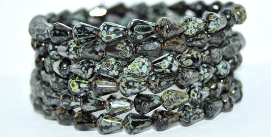 Cut Fire Polished Faceted Teardrop Pear Glass Beads, Black Travertin (23980-86800), Glass, Czech Republic