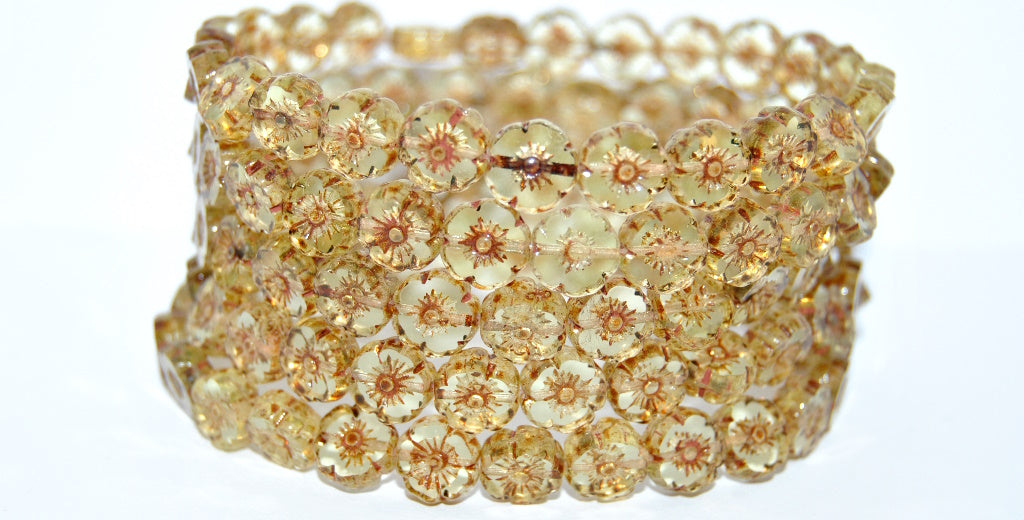 Table Cut Round Beads Hawaii Flowers, Transparent Yellow Travertin (80100-86800), Glass, Czech Republic