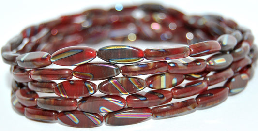 Boat Oval Pressed Glass Beads, Striped Dark Red L6501 Jumbo Mini (26907-L6501-JUMBO-MINI), Glass, Czech Republic