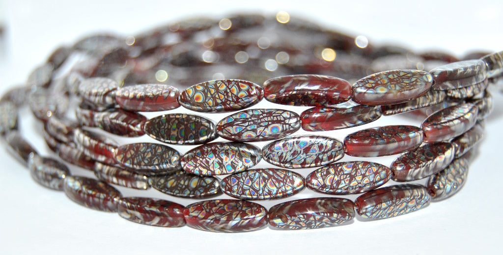 Boat Oval Pressed Glass Beads, Striped Dark Red K4301 Batima (26907-K4301-BATIMA), Glass, Czech Republic