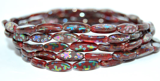 Boat Oval Pressed Glass Beads, Striped Dark Red Z4601 Flower Mini (26907-Z4601-FLOWER-MINI), Glass, Czech Republic