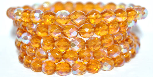 Fire Polished Round Faceted Beads, Transparent Orange Ab (10060-AB), Glass, Czech Republic