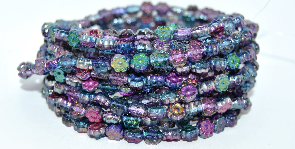 Hawaii Flower Pressed Glass Beads, Crystal Magic Blue (00030-95100), Glass, Czech Republic