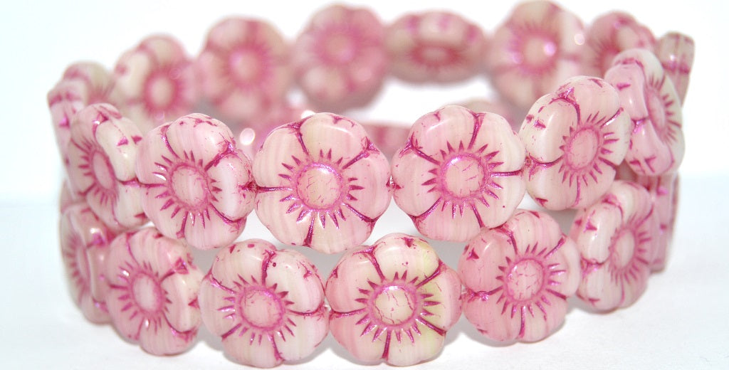 Round Flat Flower Pressed Glass Beads, Apple Mixed Colors Pink Lined (APPLE-MIX-43807), Glass, Czech Republic