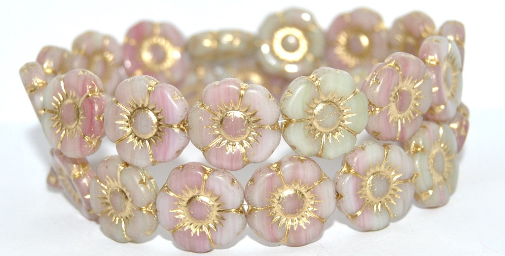 Round Flat Flower Pressed Glass Beads, Apple Mixed Colors Gold Lined (APPLE-MIX-54202), Glass, Czech Republic