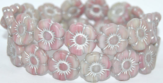 Round Flat Flower Pressed Glass Beads, Apple Mixed Colors Silver Lined (APPLE-MIX-54201), Glass, Czech Republic