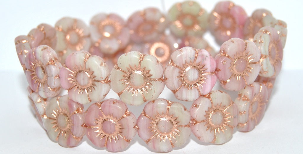 Round Flat Flower Pressed Glass Beads, Apple Mixed Colors Copper Lined (APPLE-MIX-54200), Glass, Czech Republic