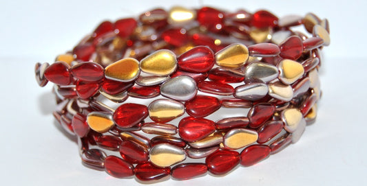 Pear Teardrop Pressed Glass Beads, Ruby Red Rose Gold Capri (90080-27101), Glass, Czech Republic