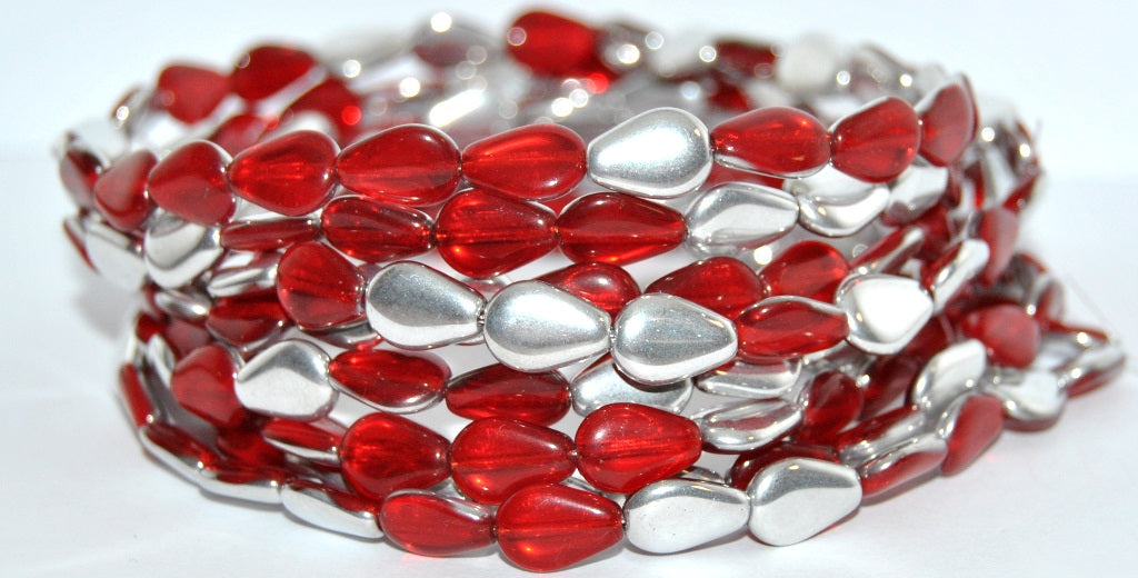 Pear Teardrop Pressed Glass Beads, Ruby Red Crystal Silver Half Coating (90080-27001), Glass, Czech Republic