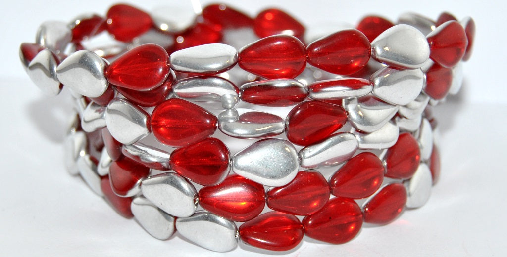 Pear Teardrop Pressed Glass Beads, Ruby Red Crystal Silver Half Coating (90080-27001), Glass, Czech Republic