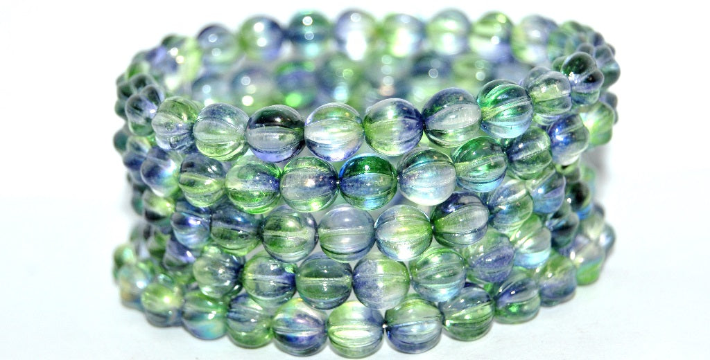 Melon Round Pressed Glass Beads With Stripes, Glossy Purple Green (48106), Glass, Czech Republic