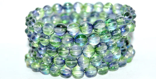 Melon Round Pressed Glass Beads With Stripes, Glossy Purple Green (48106), Glass, Czech Republic