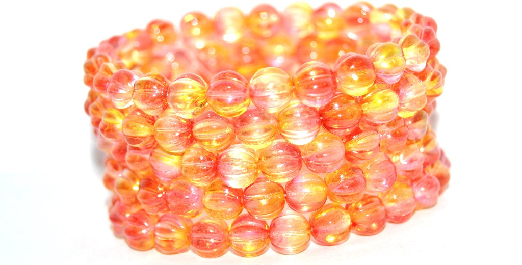 Melon Round Pressed Glass Beads With Stripes, Glossy Red Gold (48101), Glass, Czech Republic