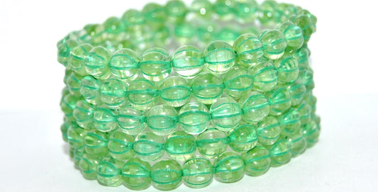 Melon Round Pressed Glass Beads With Stripes, 57008 Green Lined (57008-46450), Glass, Czech Republic