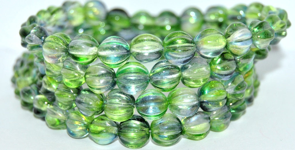 Melon Round Pressed Glass Beads With Stripes, Glossy Green Gray (48118), Glass, Czech Republic