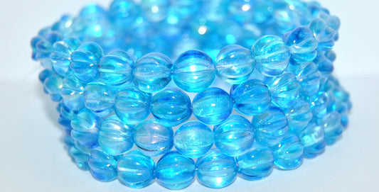 Melon Round Pressed Glass Beads With Stripes, Glossy Blue (48112), Glass, Czech Republic