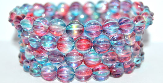 Melon Round Pressed Glass Beads With Stripes, Glossy Red Blue (48113), Glass, Czech Republic