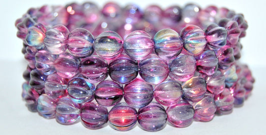 Melon Round Pressed Glass Beads With Stripes, Glossy Red Gray (48121), Glass, Czech Republic