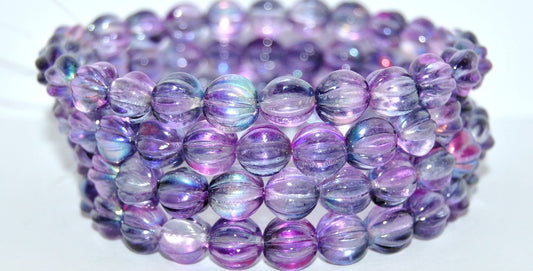 Melon Round Pressed Glass Beads With Stripes, Glossy Purple Gray (48122), Glass, Czech Republic