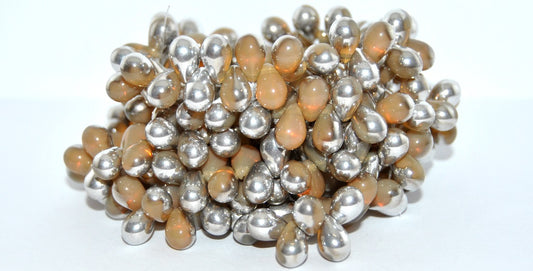 Pear Teardrop Pressed Glass Beads, Opal Orange Crystal Silver Half Coating (11000-27001), Glass, Czech Republic