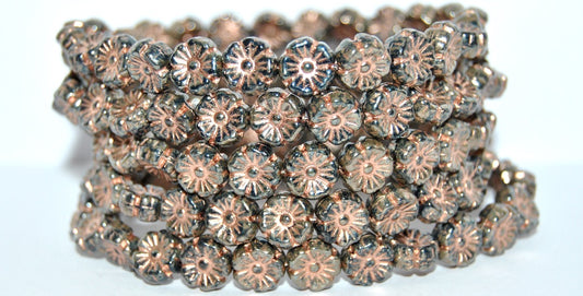 Hawaii Flower Pressed Glass Beads, Opal Blue Rembrandt Travertin Copper Lined (31000-43500-54200), Glass, Czech Republic