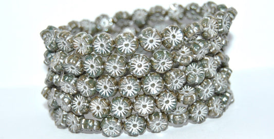 Hawaii Flower Pressed Glass Beads, Mixed Green Pink Rembrandt Travertin Silver Lined (57701-43500-54201), Glass, Czech Republic