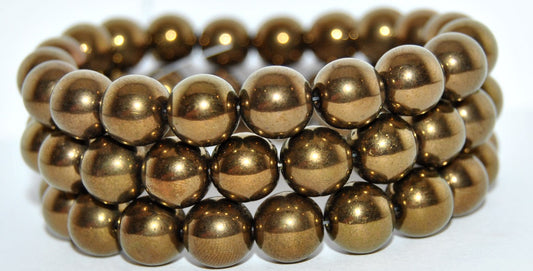 Round Pressed Glass Beads Druck, Gold Green Wax (GOLD-GREEN-WAX), Glass, Czech Republic
