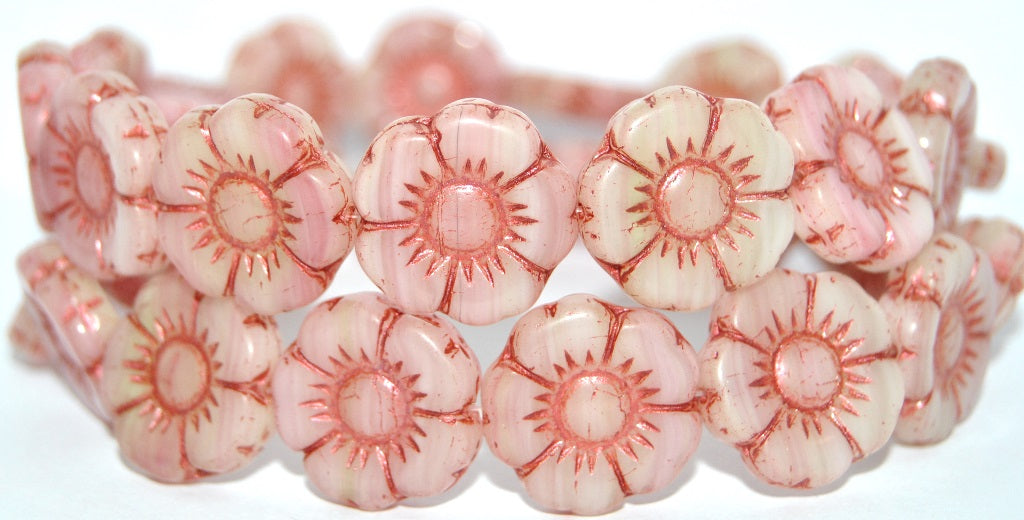 Round Flat Flower Pressed Glass Beads, Apple Mixed Colors Copper Lined (APPLE-MIX-43806), Glass, Czech Republic
