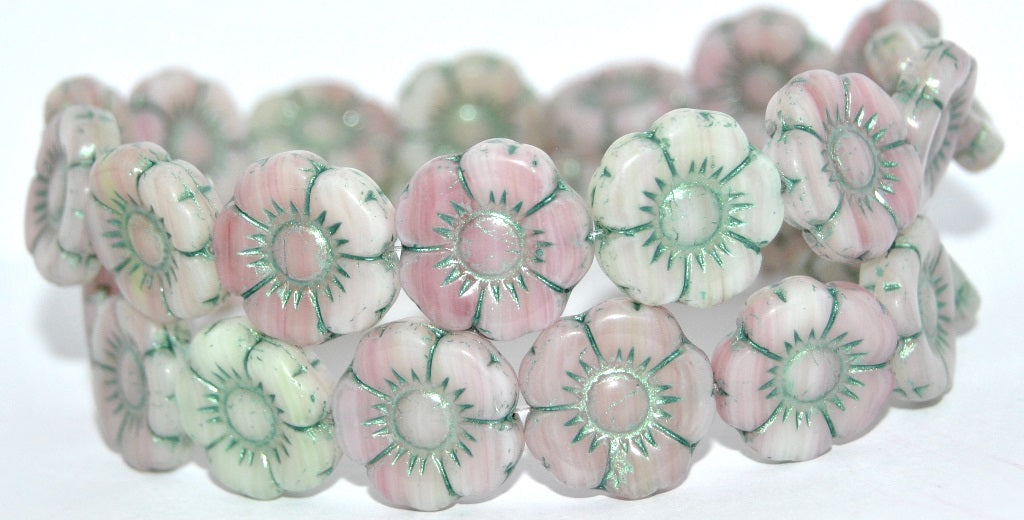 Round Flat Flower Pressed Glass Beads, Apple Mixed Colors 43814 (APPLE-MIX-43814), Glass, Czech Republic