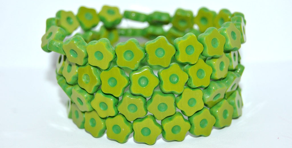 Table Cut Flower Beads With Dot, Opaque Green 84310 (53410-84310), Glass, Czech Republic
