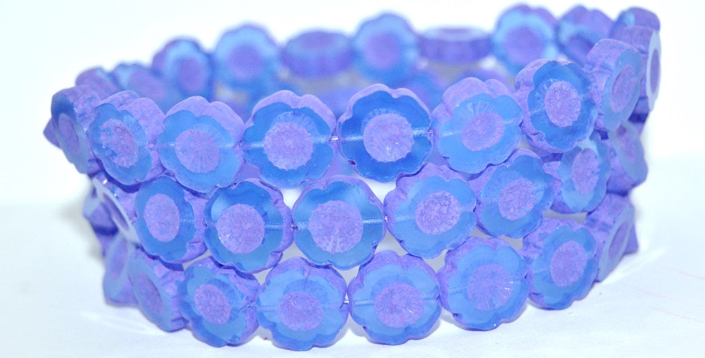 Table Cut Round Beads Hawaii Flowers, Opal Blue 84306 (31010-84306), Glass, Czech Republic