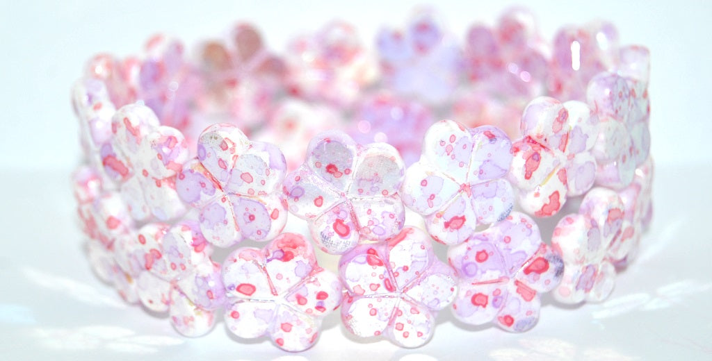 Table Cut Flower Beads, White Glossy Red Pink P (02010-48120-P), Glass, Czech Republic