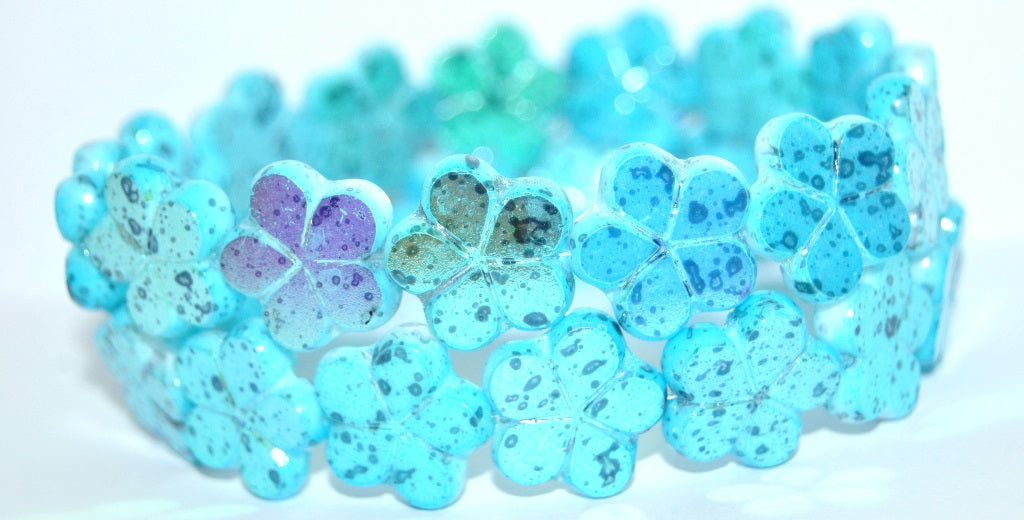 Table Cut Flower Beads, White Glossy Turquoise Blue P (02010-48103-P), Glass, Czech Republic