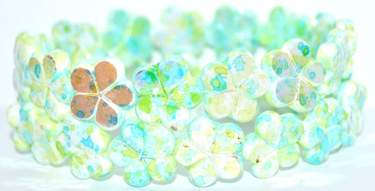 Table Cut Flower Beads, White Glossy Green Yellow P (02010-48110-P), Glass, Czech Republic