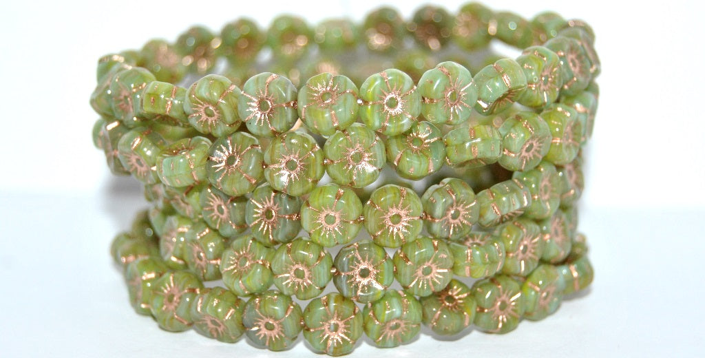 Hawaii Flower Pressed Glass Beads, Opaque Green Copper Lined (53410-54200), Glass, Czech Republic