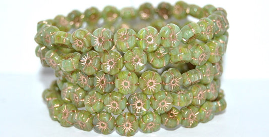 Hawaii Flower Pressed Glass Beads, Opaque Green Copper Lined (53410-54200), Glass, Czech Republic