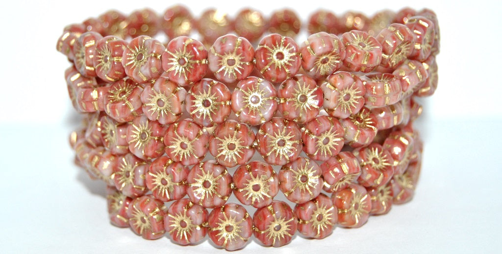Hawaii Flower Pressed Glass Beads, Red Stripes Gold Lined (95010-54202), Glass, Czech Republic