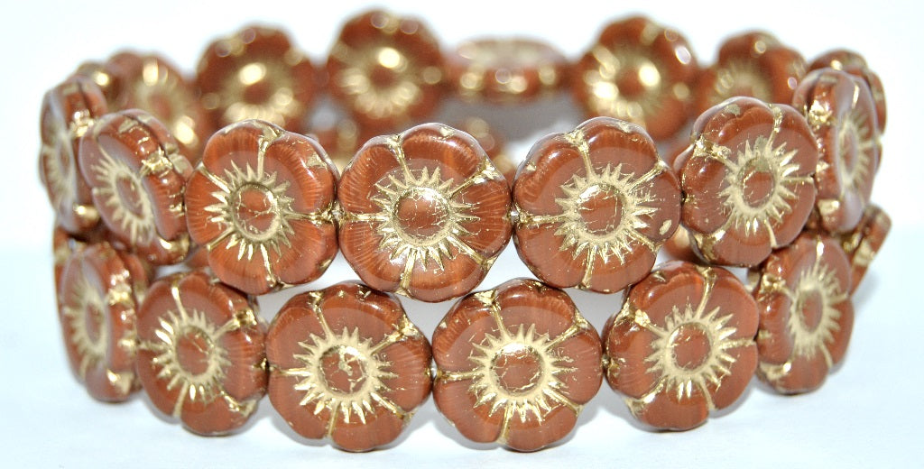 Round Flat Flower Pressed Glass Beads, 14610 Gold Lined (14610-54202), Glass, Czech Republic