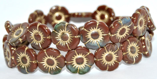 Round Flat Flower Pressed Glass Beads, Color Mixed Colors 2 Gold Lined (COLOR-MIX-2-54202), Glass, Czech Republic