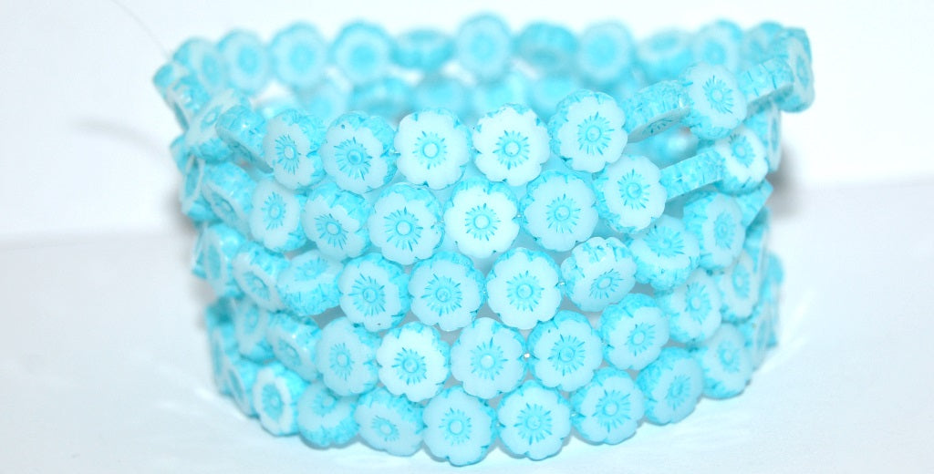 Table Cut Round Beads Hawaii Flowers, White 84307 (02010-84307), Glass, Czech Republic