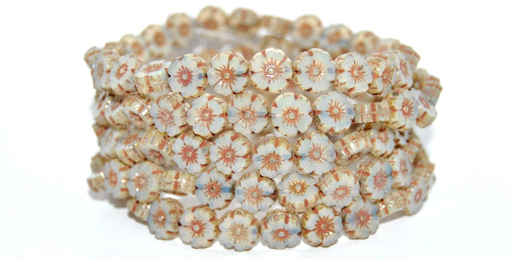 Table Cut Round Beads Hawaii Flowers, Opal White Picasso (01000-43400), Glass, Czech Republic
